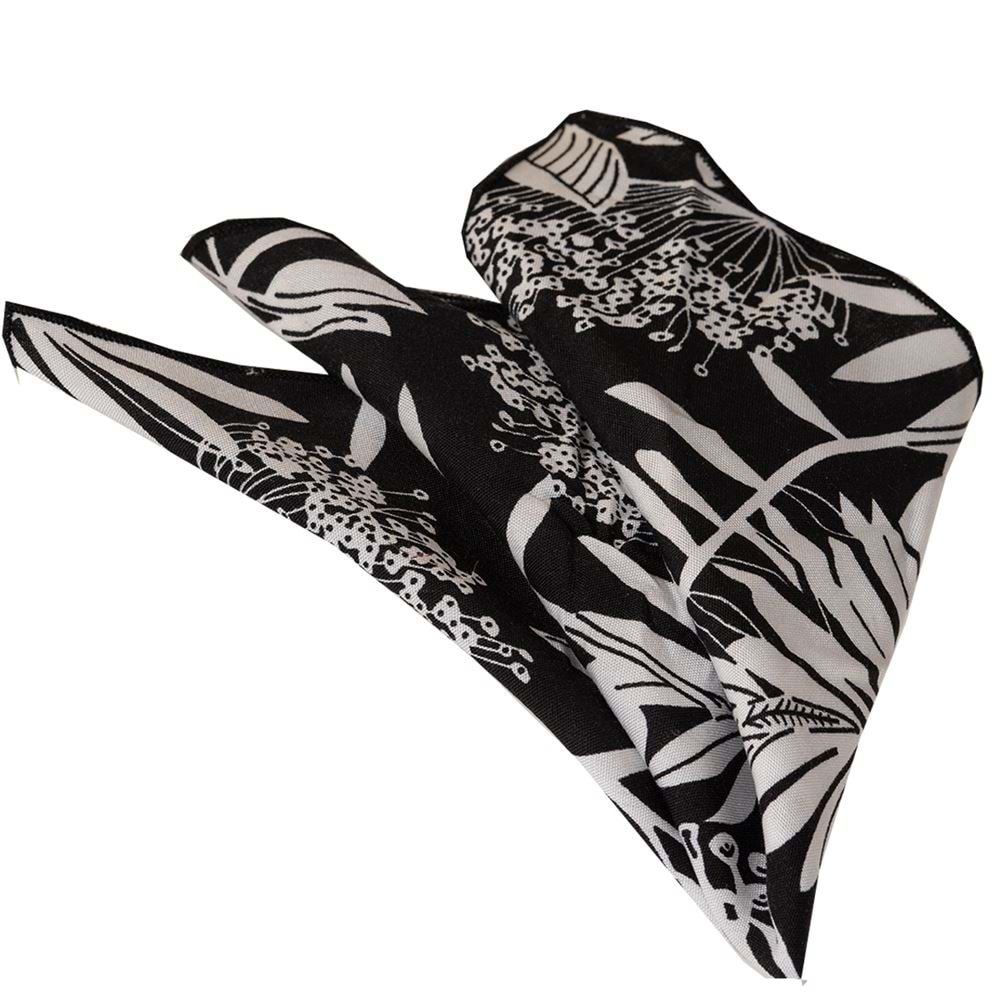 White Leaf Floral Printed Cotton Handkerchief on Black