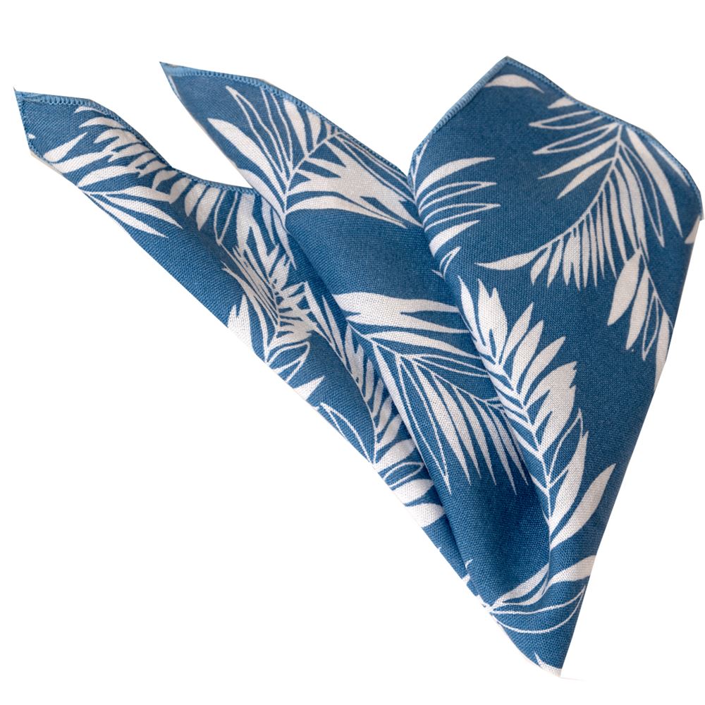 White Leaf Printed Cotton Handkerchief on Blue