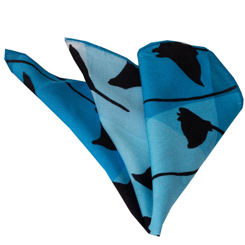 Nautical Themed Natural Handkerchief with Black Stingray Print on Blue