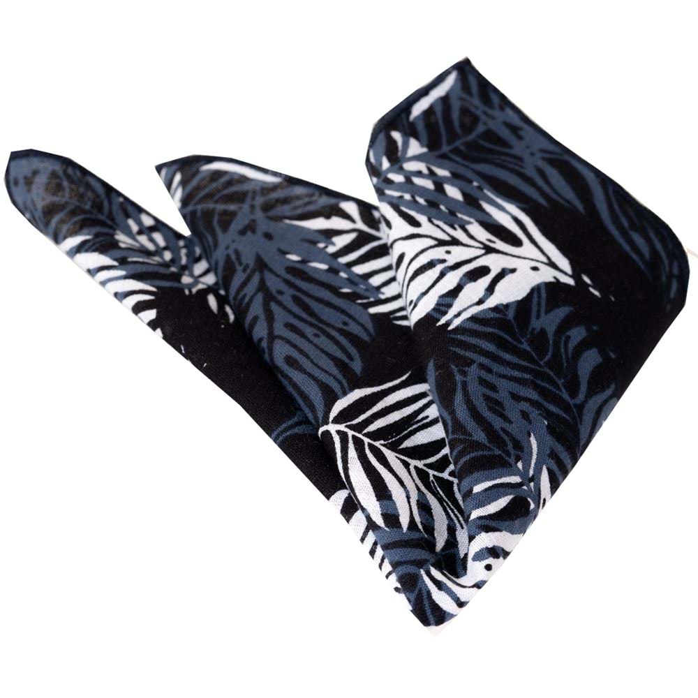 Black Indigo Blue White Leaf Printed Handkerchief