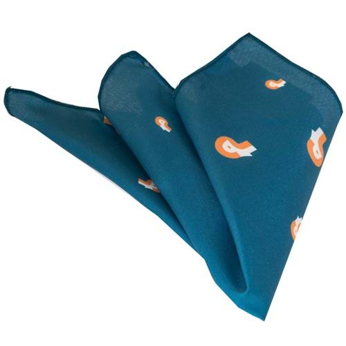 Green and White Pattern Printed Handkerchief on Petrol Blue