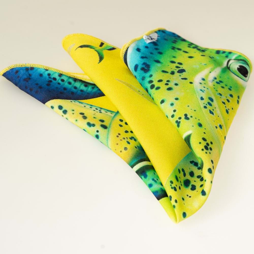 Green Blue Lambuka Fish Printed Design Handkerchief on Yellow