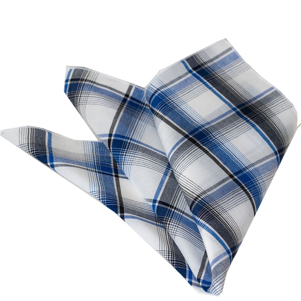 White Black Sax Blue Plaid Check Cotton Handkerchief