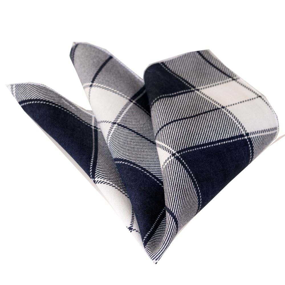 Navy Blue White Checked Plaid Cotton Handkerchief