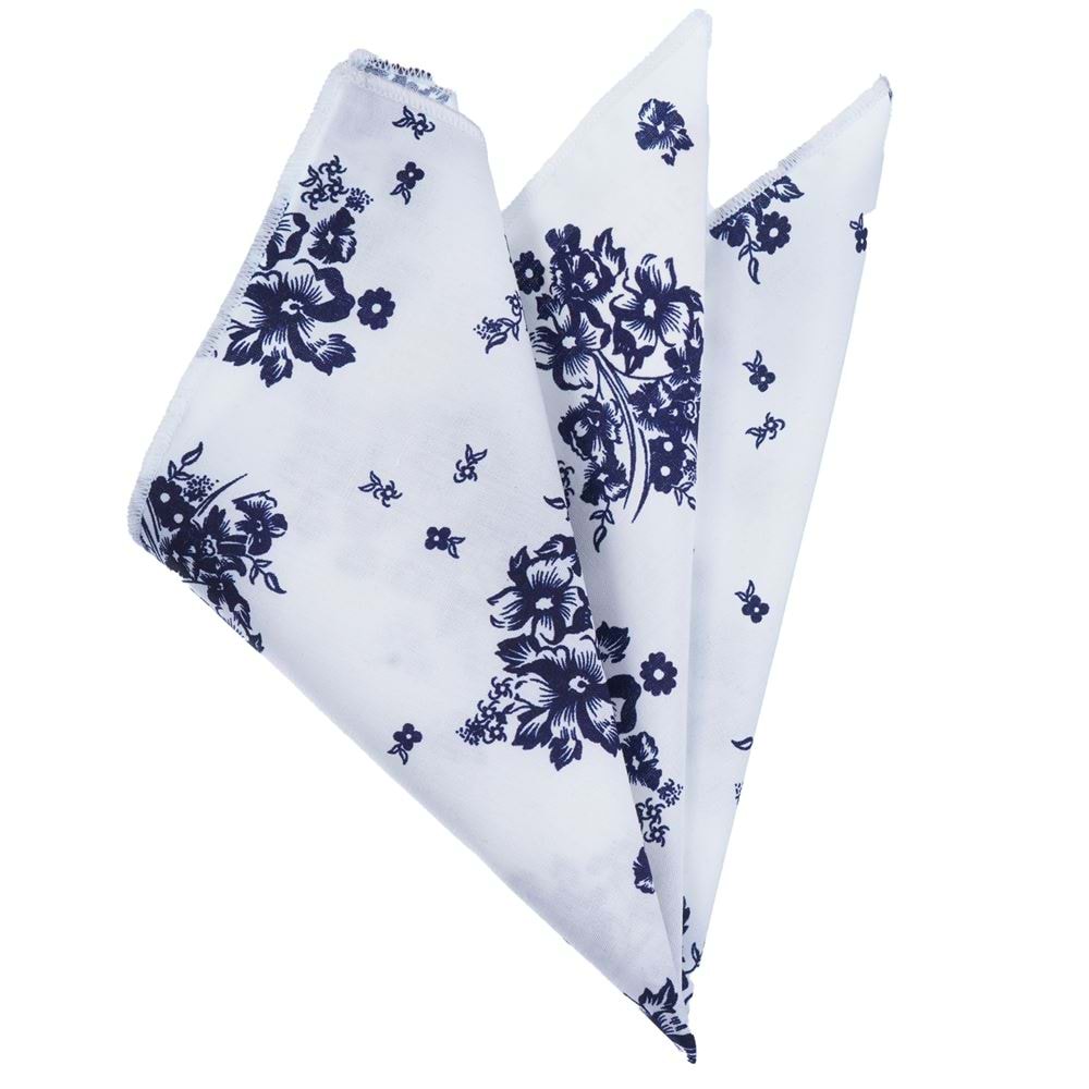 White and Navy Floral Printed Pocket Square