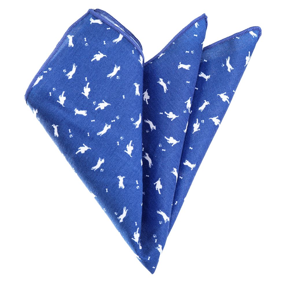 Blue and White Dog Printed Pocket Square
