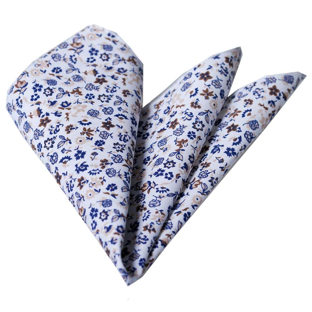 White and Blue Brown Floral Pocket Square