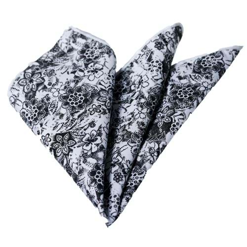 Black Floral on white Pocket Square