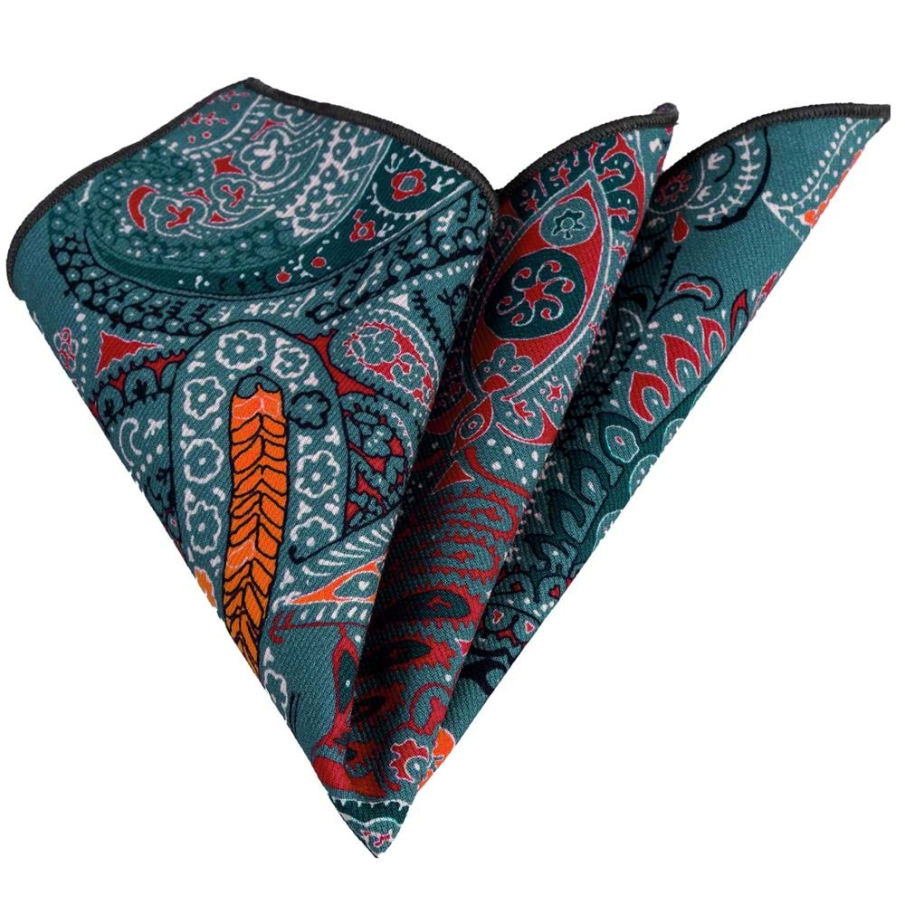 Orange and Burgundy Paisley on Green Pocket Square