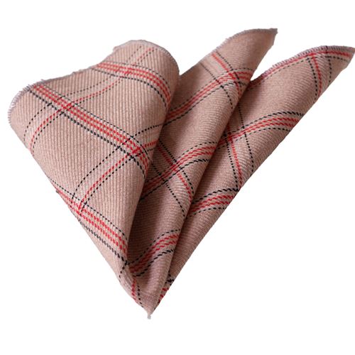 Beige Red Squared Wool Woven Fabric Pocket Square