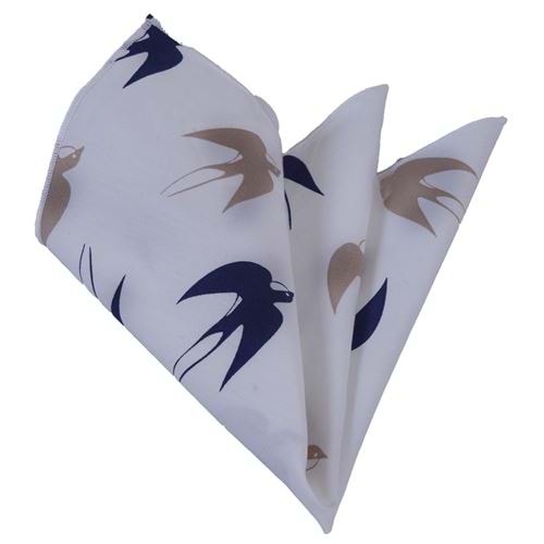Beige and Navy Seagull Printed Pocket Square