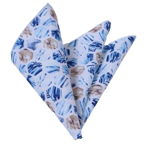 White with Blue Digital Print Pocket Square