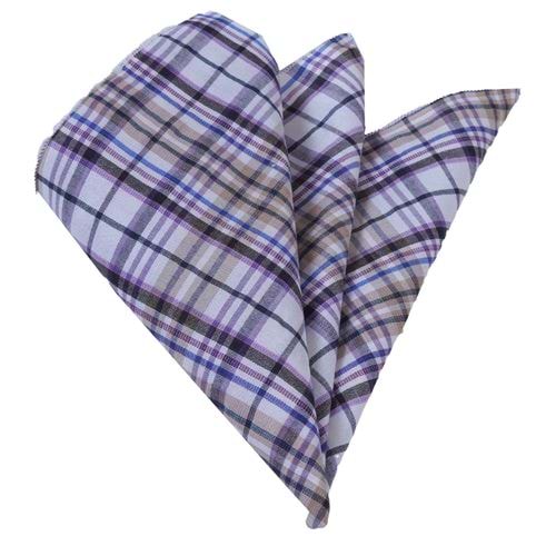 White Blue Lilac Beige Plaid Pocket Square