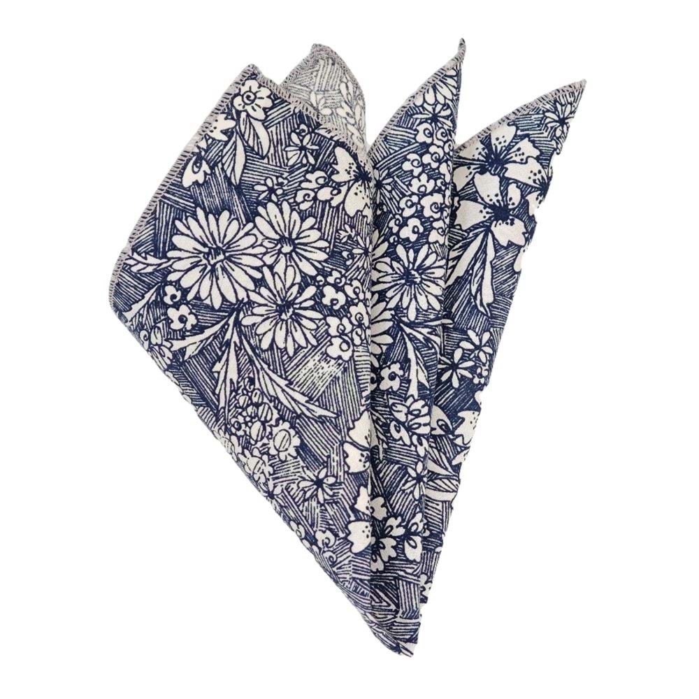 Navy White Floral Pocket Square
