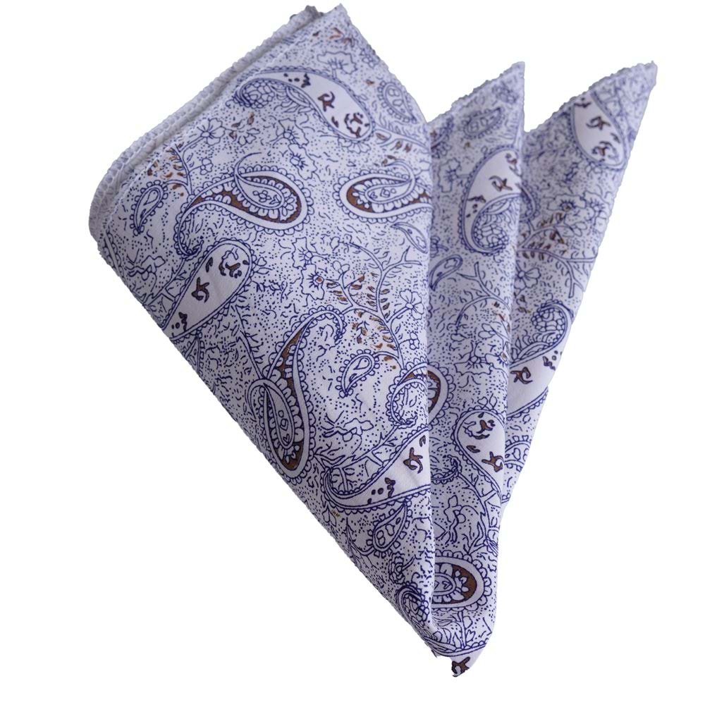 White Navy Brown Paisley Pocket Square