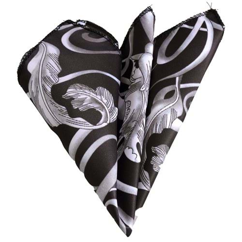 White Grey Floral PES Printed Collar Handkerchief on Black