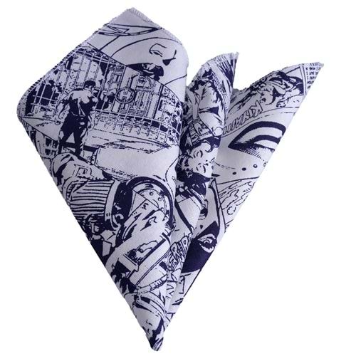 White Navy Blue Printed Comic Book Collar Handkerchief