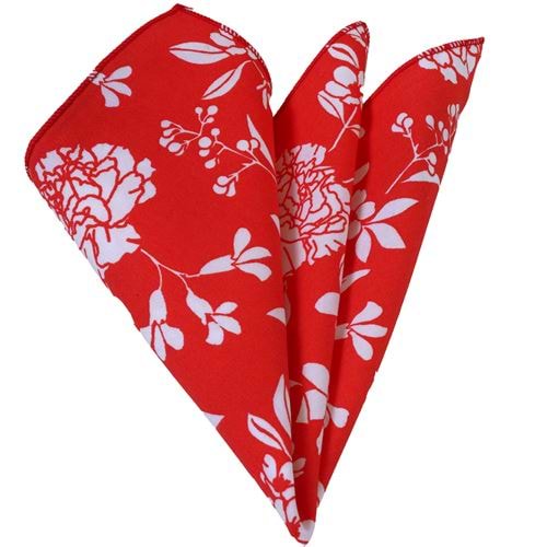 White Floral Cotton Printed Collar Handkerchief on Red