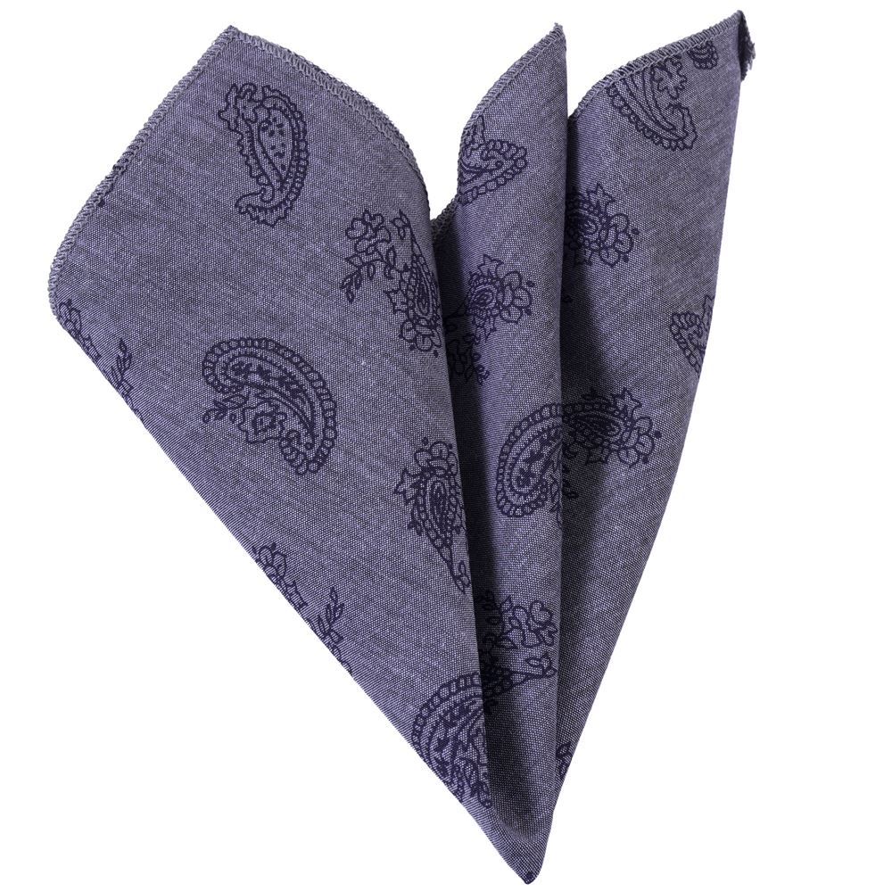 Gray Navy Paisley Cotton Pocket Square