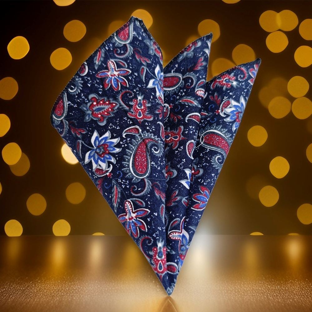 Navy White Floral Pocket Square