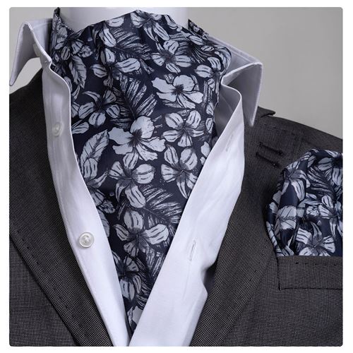 Blue Gray Floral Desginer Ascot Hanky Set