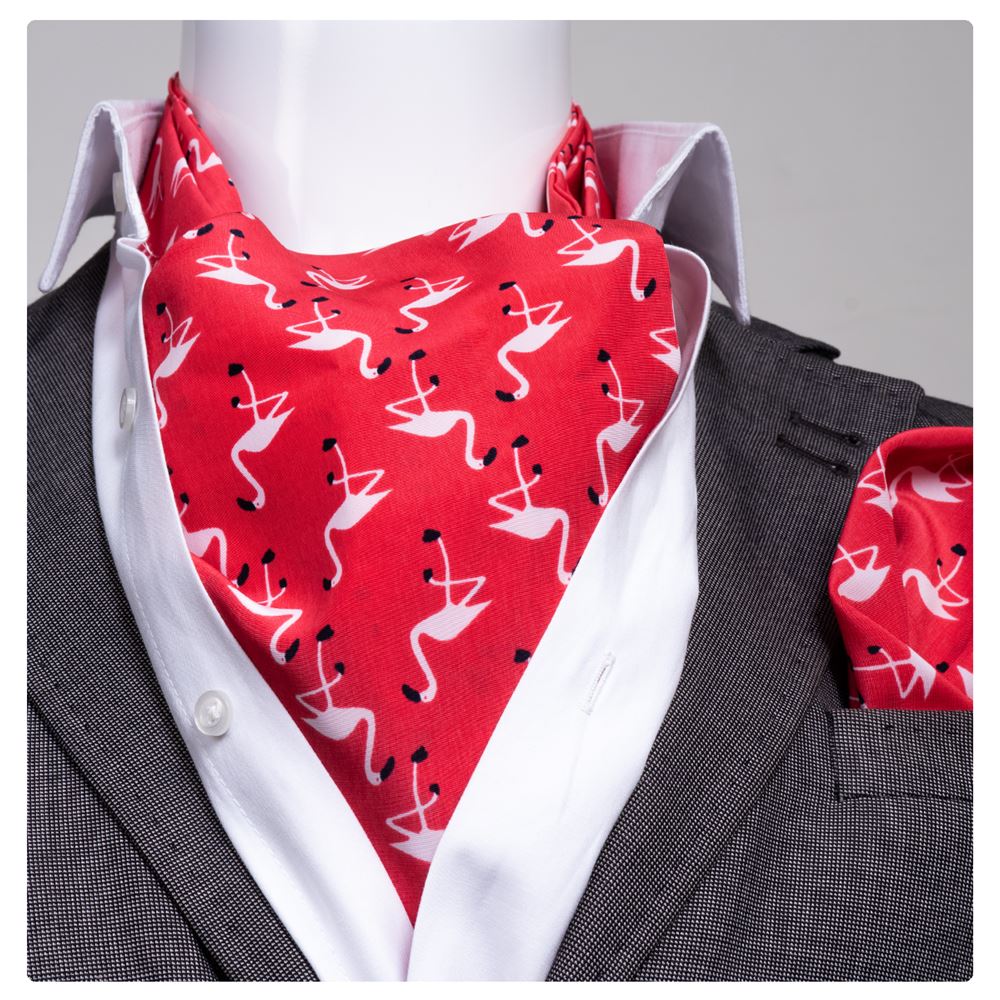 Red White Stork Printed Ascot Hanky Set