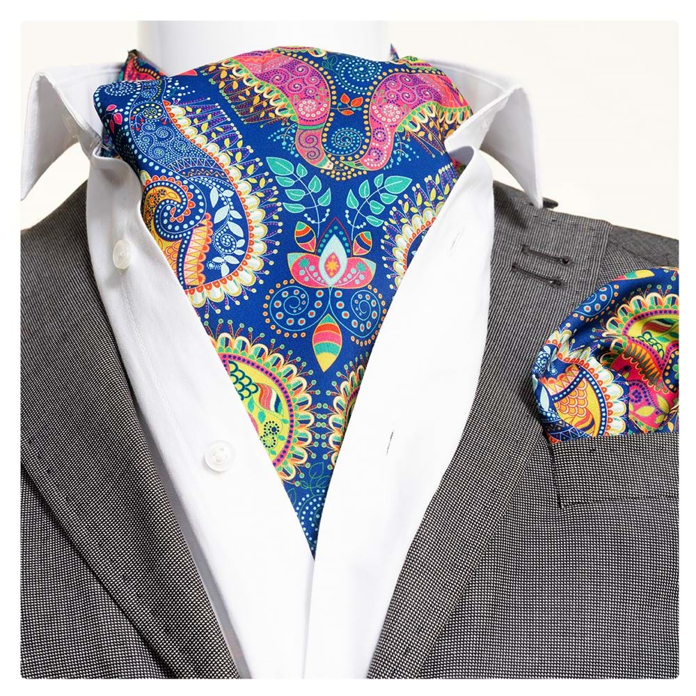 Colorful Paisley Designer on Blue Ascot Hanky Set
