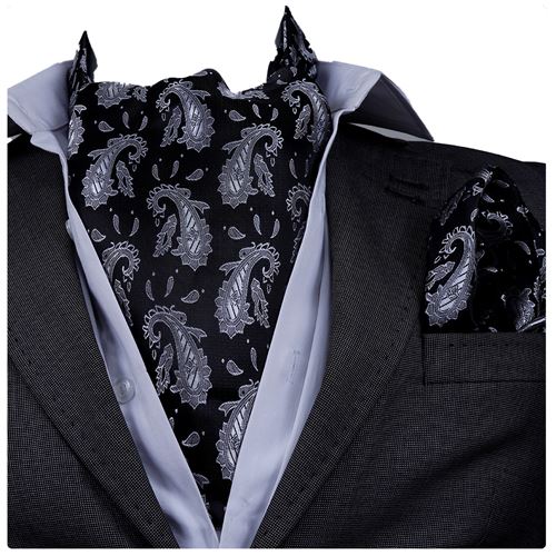 Black and Gray Paisley Ascot Hanky Set
