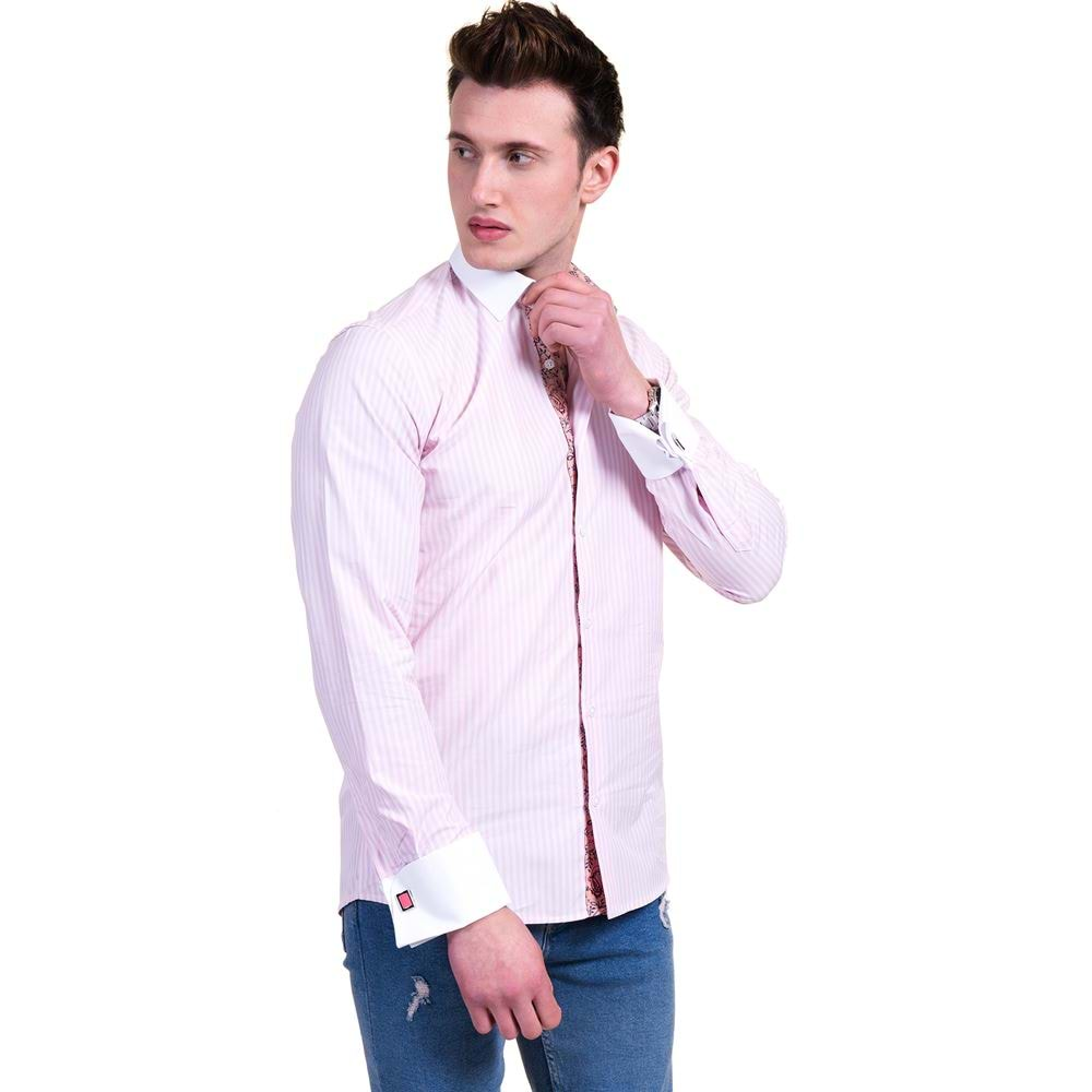 Pink White Striped French Cuff Shirt