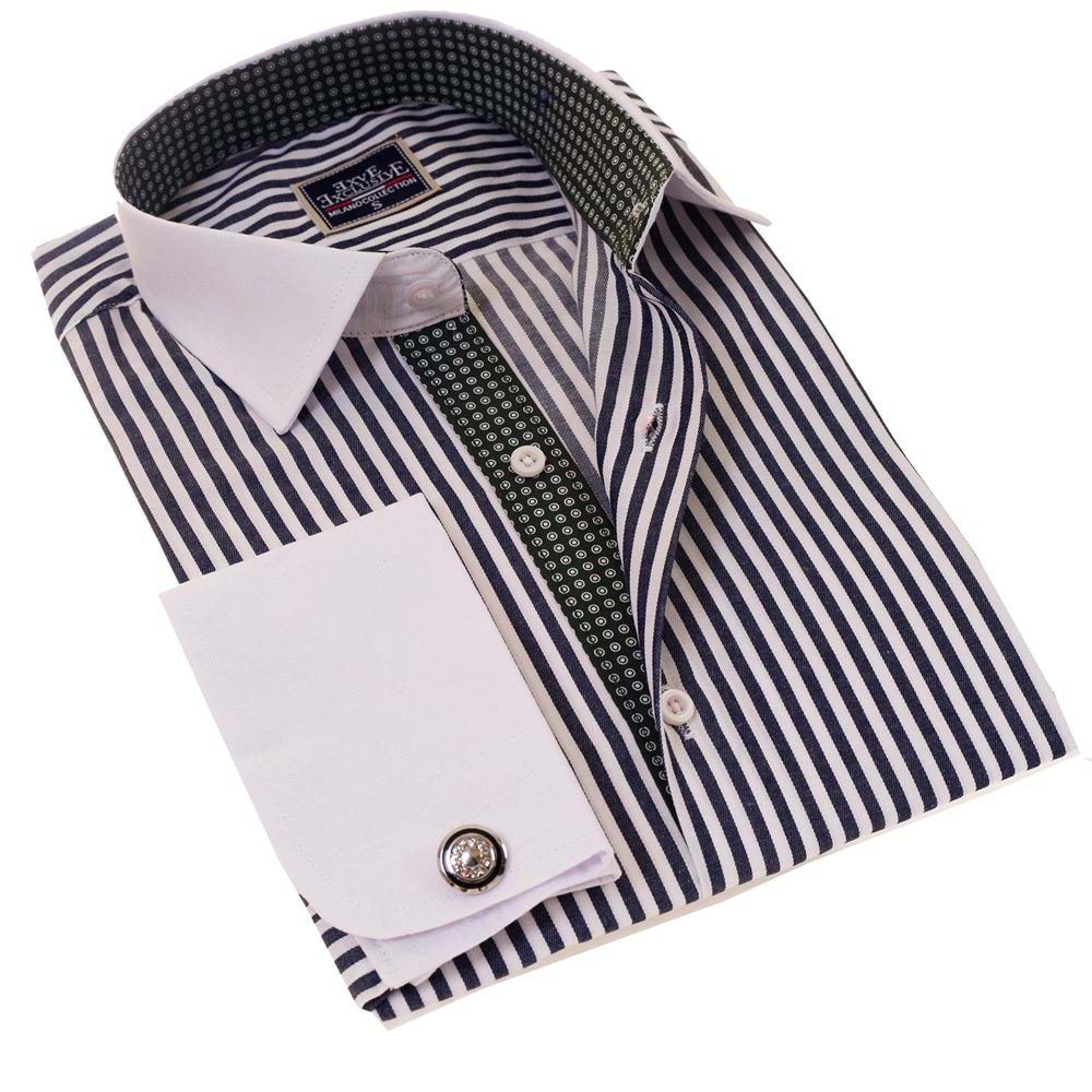 Navy White Striped Contrast Placket French Cuff Shirt