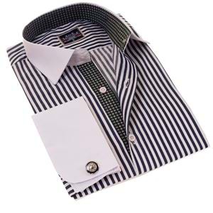 Navy White Striped Contrast Placket French Cuff Shirt