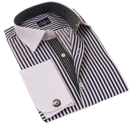 Navy White Striped Contrast Placket French Cuff Shirt