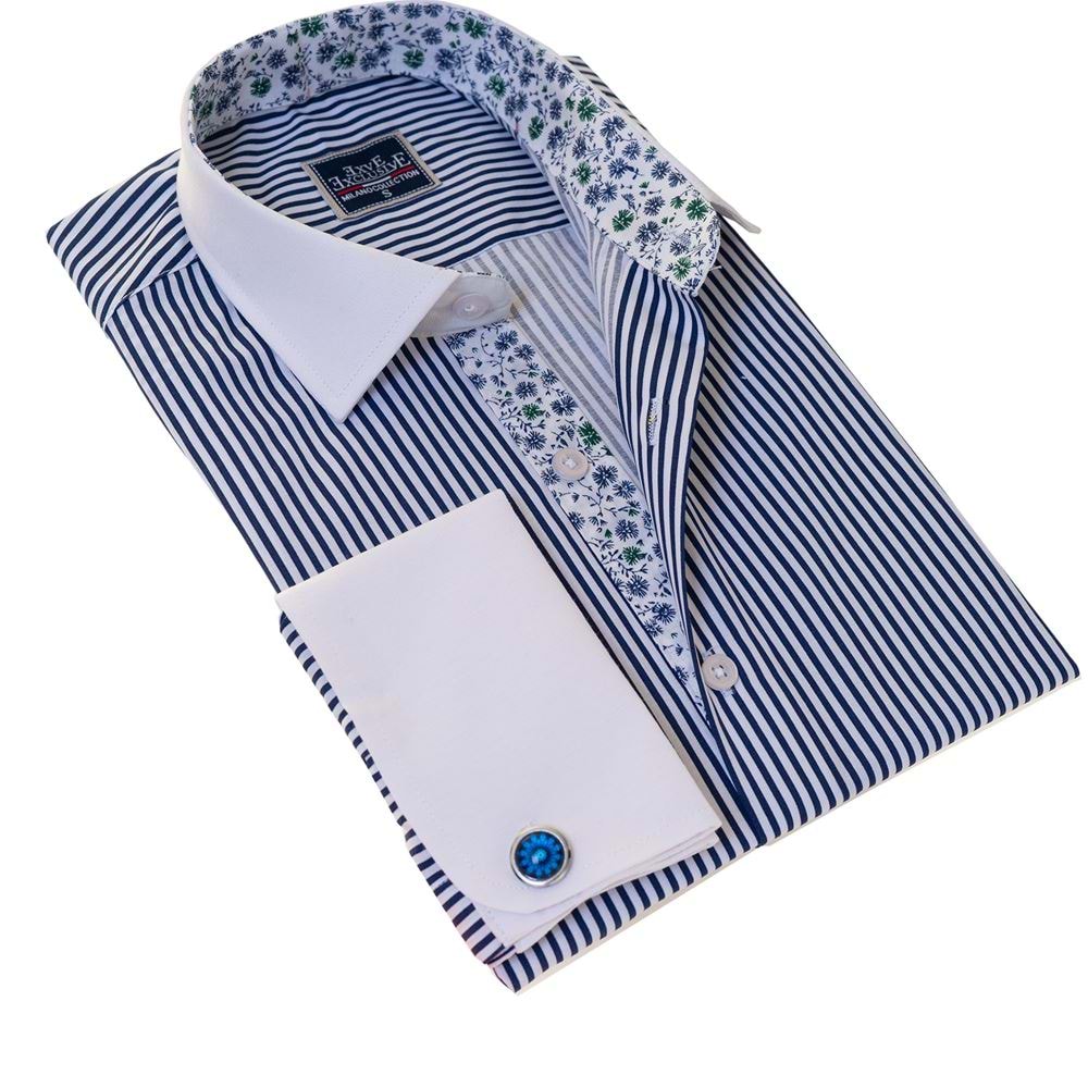 Blue & White Striped French Cuff Shirt