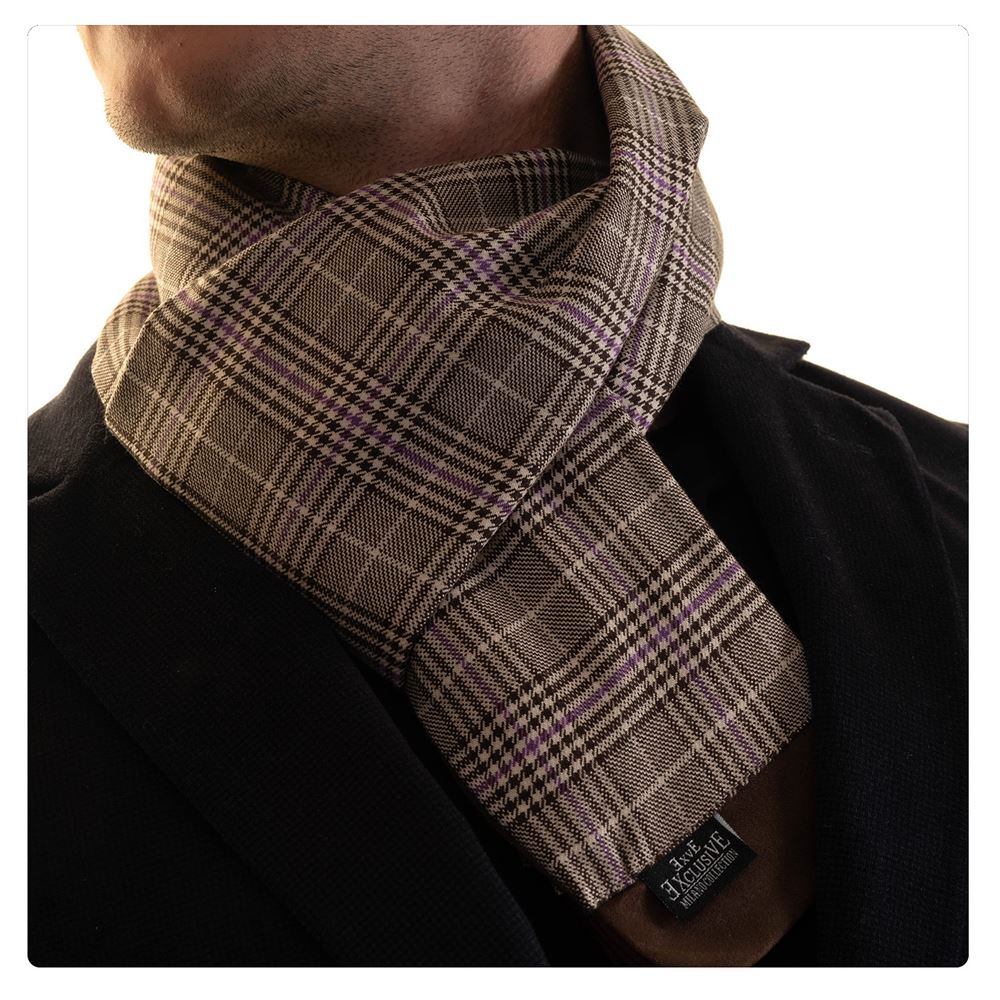 Lilac Beige Plaid Mens Scarf with PU Leather Gift Box