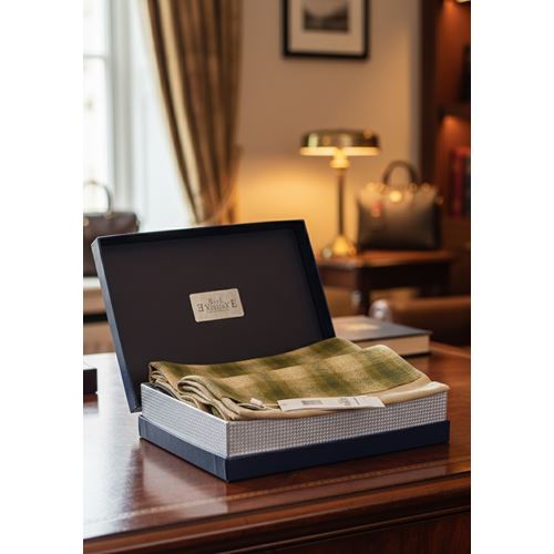 Khaki Beige Plaid Mens Scarf with PU Leather Gift Box