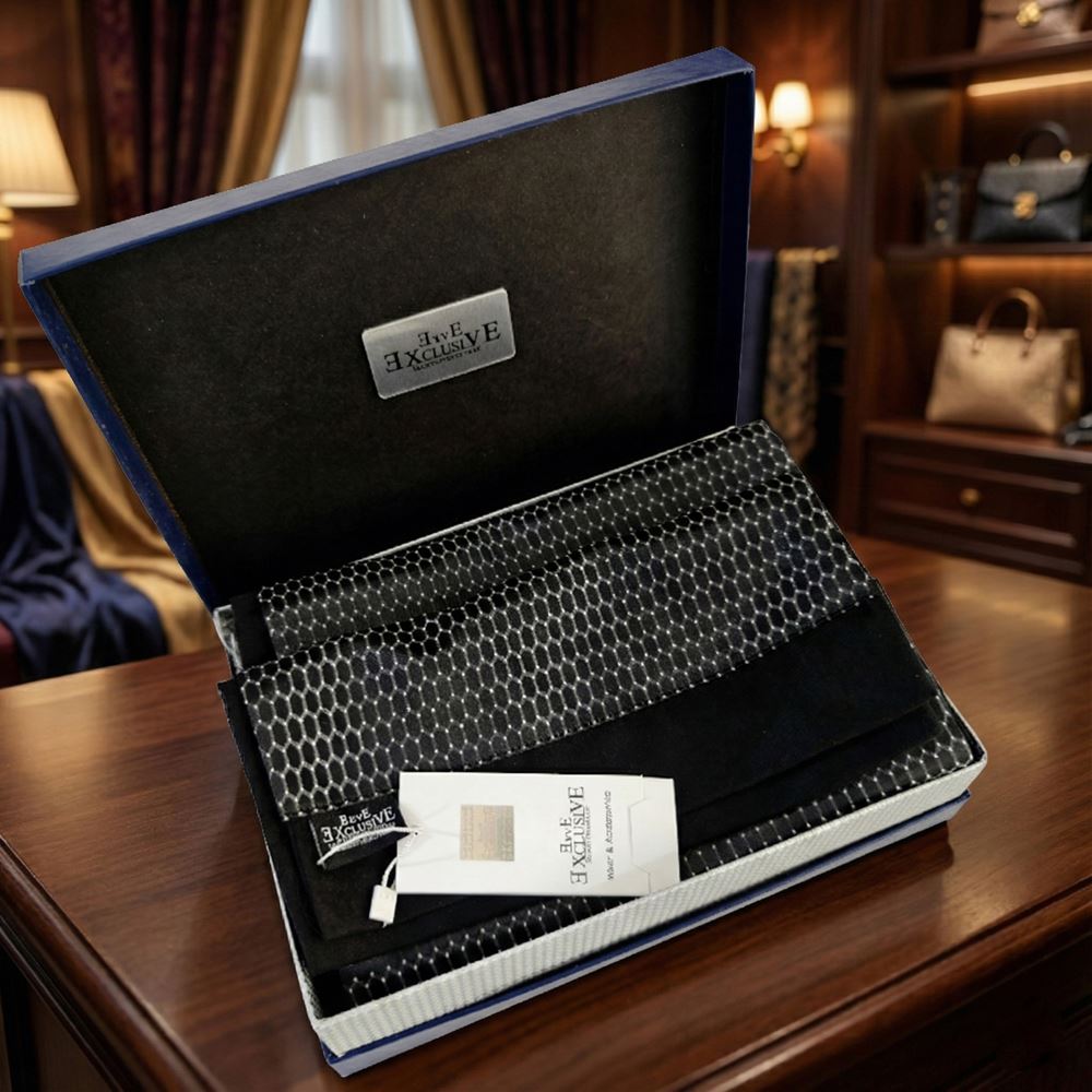 Gray Black Honeycomb Mens Scarf with PU Leather Gift Box