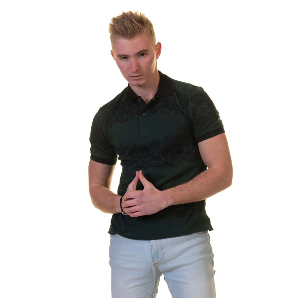 Green Black Floral Polo Shirt