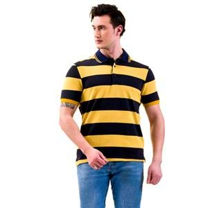 Navy and Yellow Striped Men's Polo Shirt