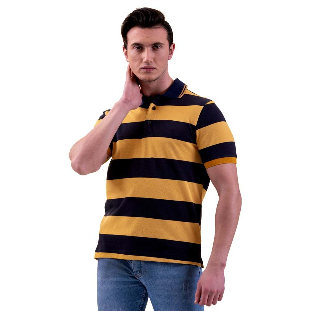 Navy and Yellow Striped Men's Polo Shirt