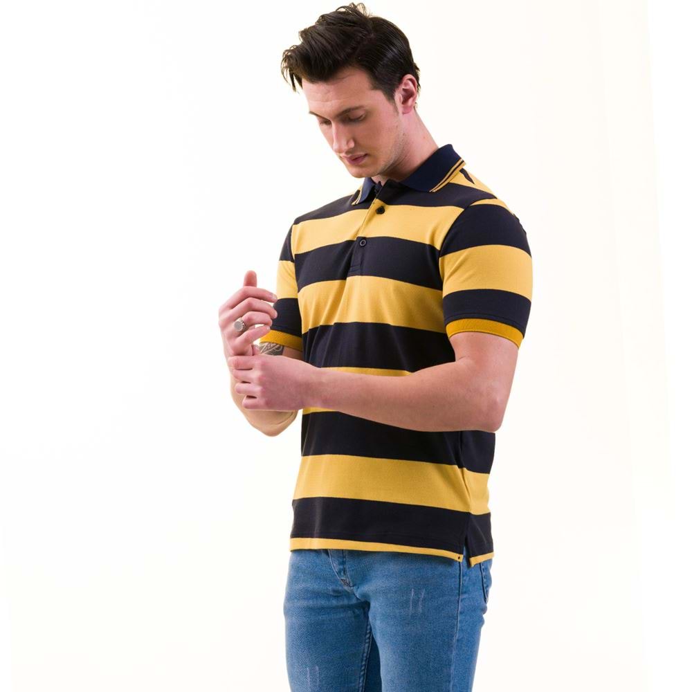 Navy and Yellow Striped Men's Polo Shirt