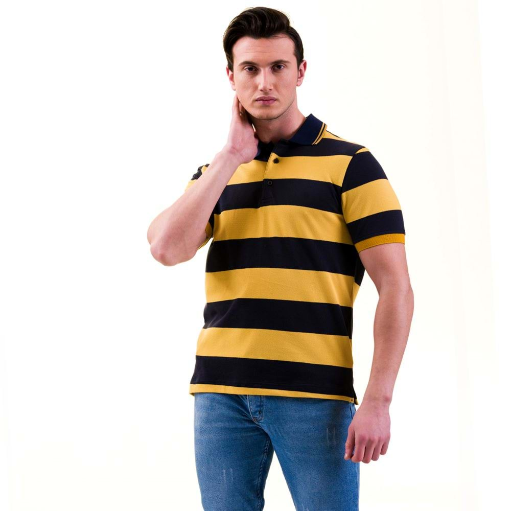 Navy and Yellow Striped Men's Polo Shirt