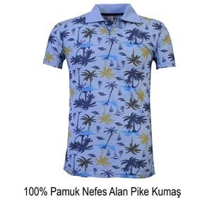 Blue Yellow Palm Tree Hawaiian Designer Men's Polo Shirt