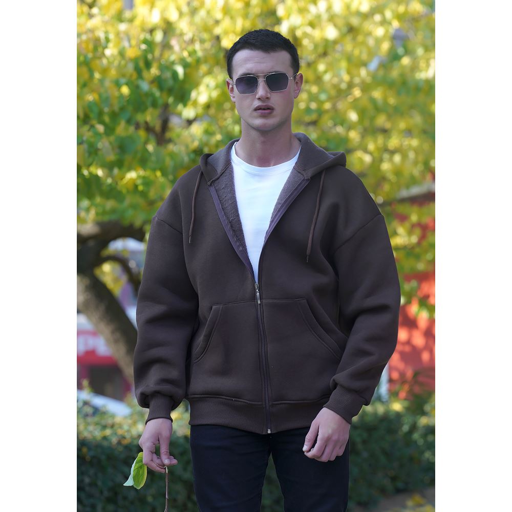 Brown Basic Men's Zipper Hoodie