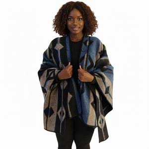 Blue Beige Black Unisex Ethnic Camper Poncho