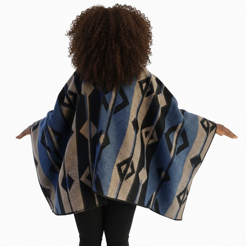 Blue Beige Black Unisex Ethnic Camper Poncho