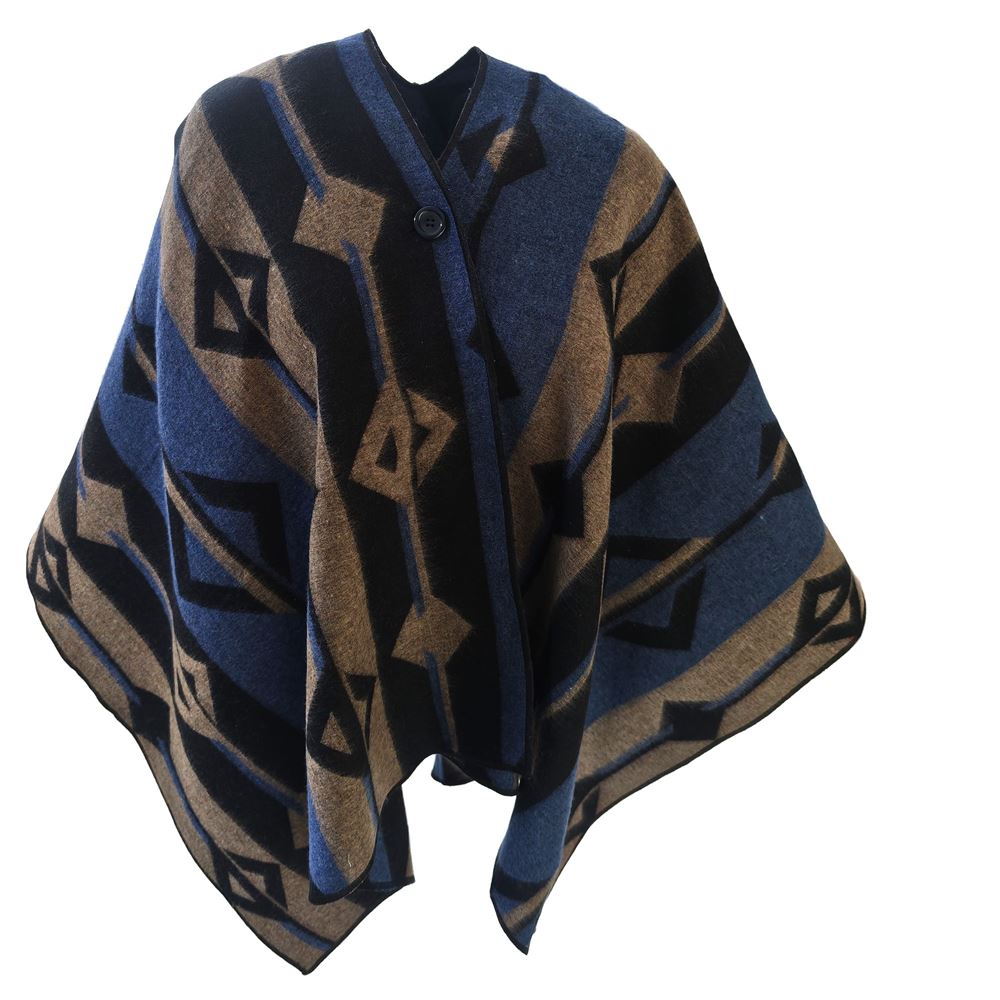 Blue Beige Black Unisex Ethnic Camper Poncho
