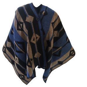 Blue Beige Black Unisex Ethnic Camper Poncho