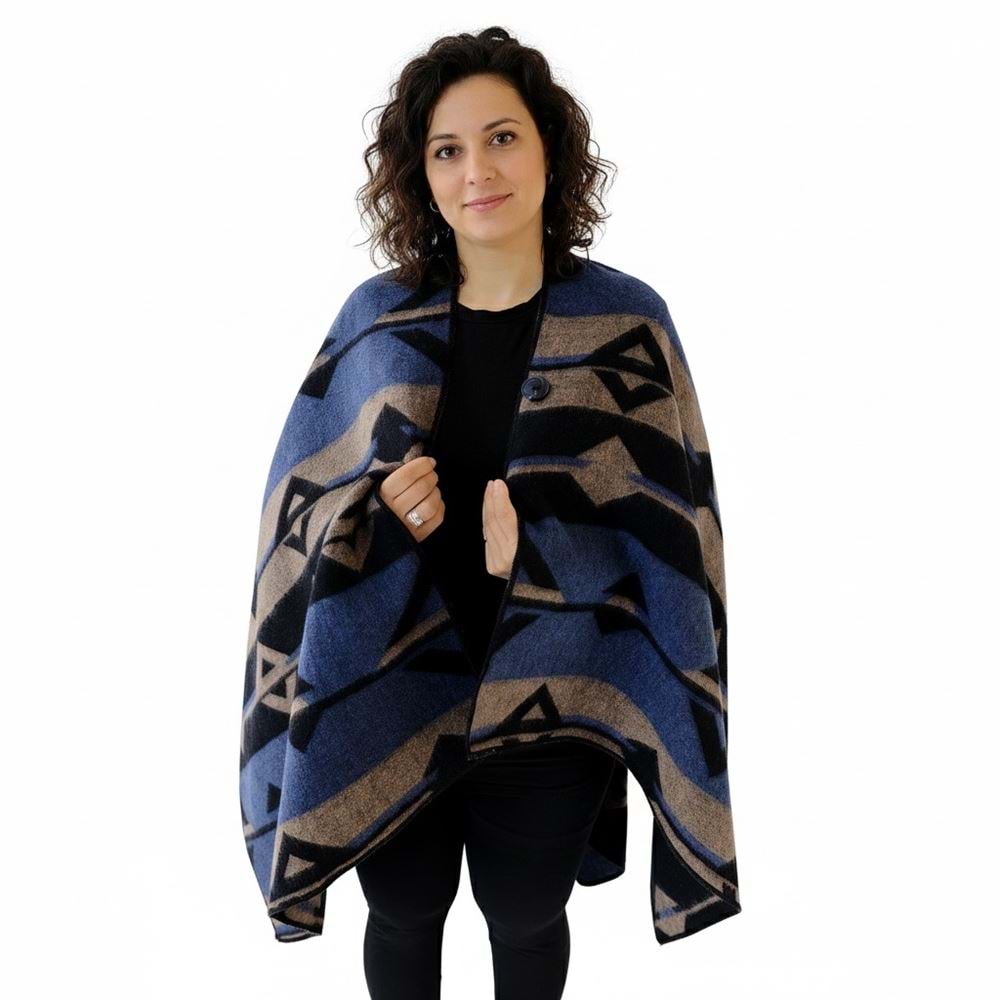 Blue Beige Black Unisex Ethnic Camper Poncho