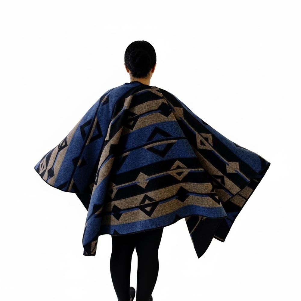 Blue Beige Black Unisex Ethnic Camper Poncho
