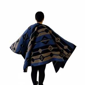 Blue Beige Black Unisex Ethnic Camper Poncho